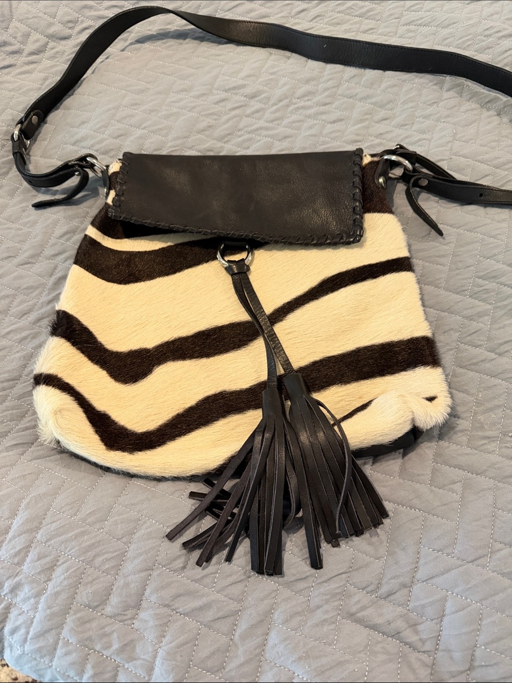Cavalcanti Black & Cream Zebra-Print Leather Tassel Crossbody Bag